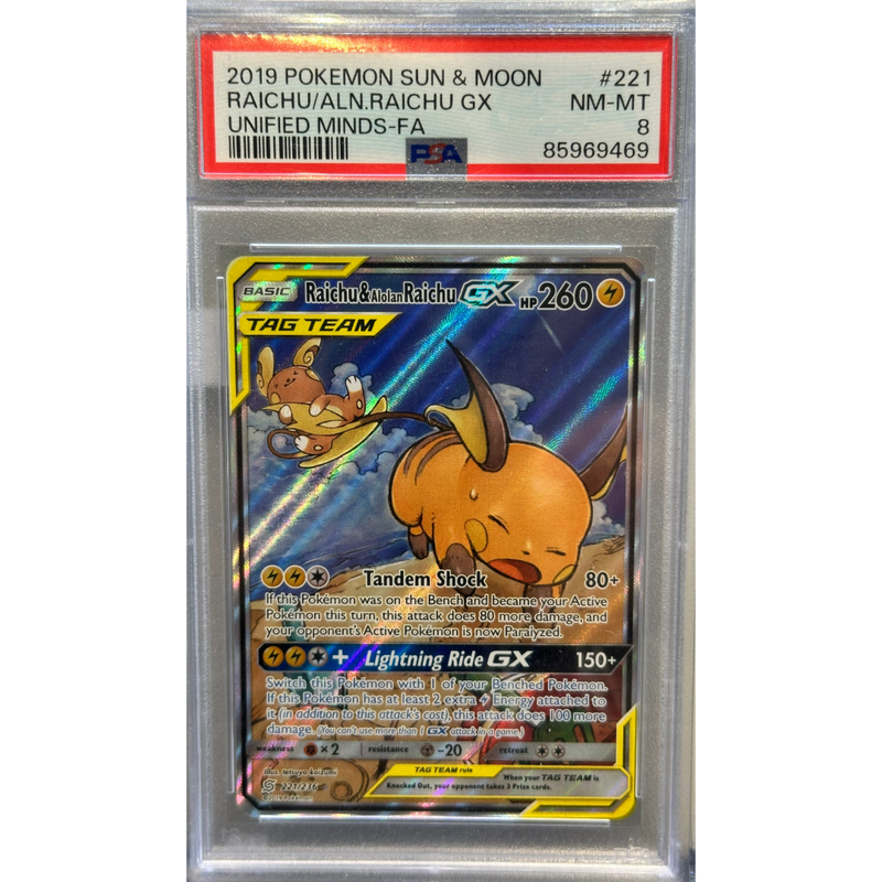 2019 Pokemon Raichu & Alolan Raichu GX PSA 8